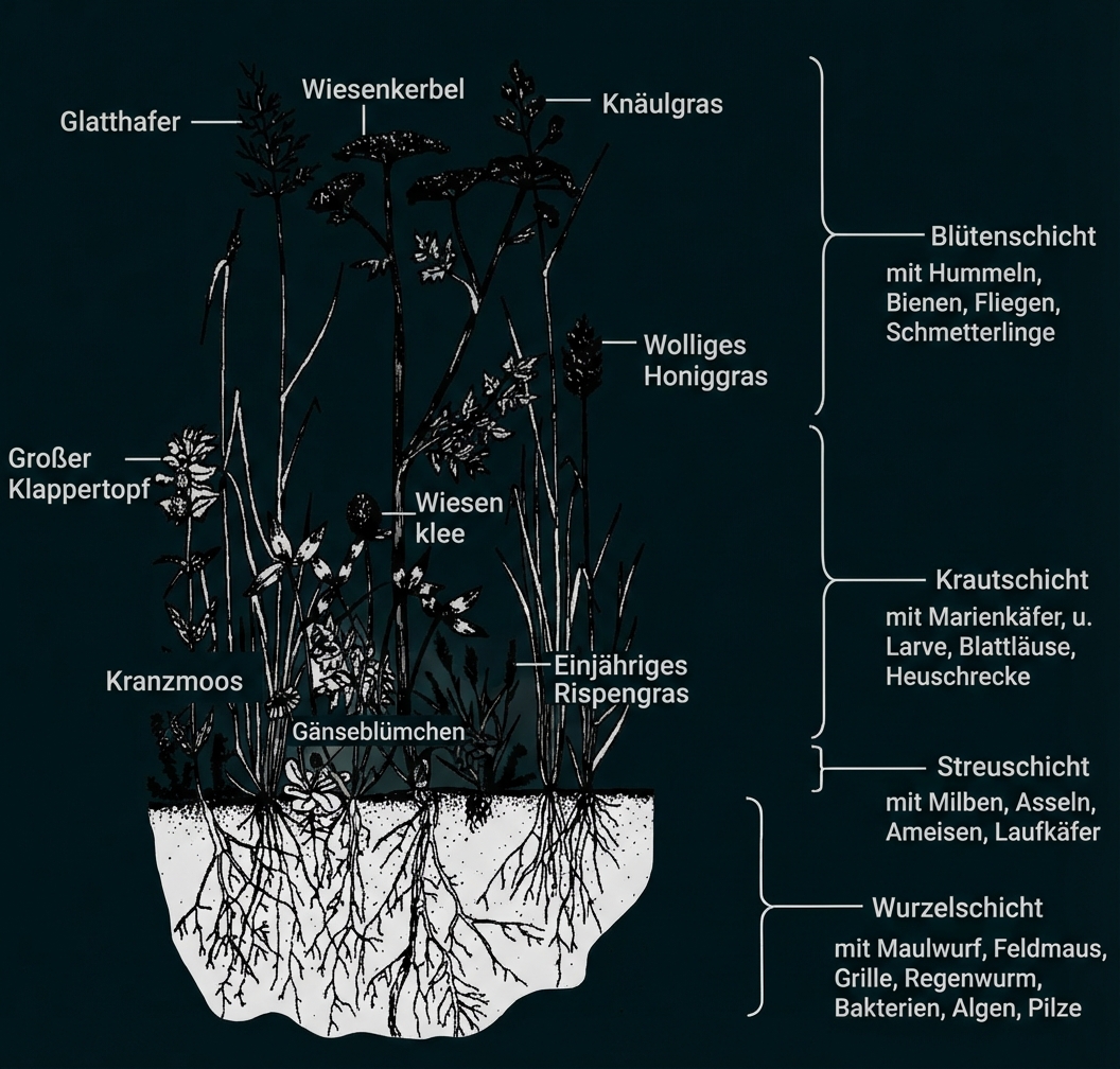 Schematische Schwarz-Weiß-Zeichnung von Wiesenpflanzen mit Beschriftungen und eingezeichneten Vegetations- und Bodenschichten.